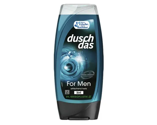 duschdas Duschgel For Men 3in1, 225 ml - Duschgel für Männer, 3in1-Formel zur Reinigung von Körper, Gesicht und Haar, dermatologisch getestet und ohne Mikroplastik für eine gründliche, erfrischende Pflege.