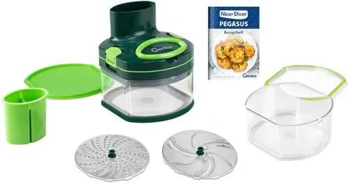 Genius Zerkleinerer "Nicer Dicer Pegasus", grün - Der Nicer Dicer Pegasus ist ein vielseitiger, manuell betriebener Zerkleinerer, der in Sekundenschnelle schneidet und reibt. Mit extra-scharfen Edelstahl-Klingen und großem Auffangbehälter für müheloses Arbeiten in der Küche.