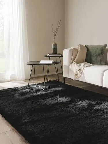 benuta Nest Hochflorteppich Schwarz 120x170 cm - Wasserabweisender Hochflorteppich in Beton Optik, ideal für Wohn-, Schlaf- und Kinderzimmer – pflegeleicht und perfekt zum Entspannen!