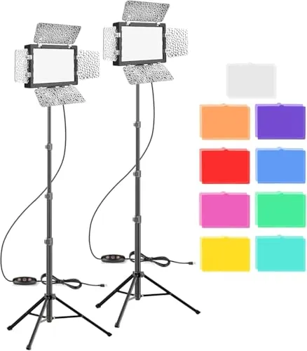 Upgraded 2 Packs LED Video Licht, EMART Dimmbare Videoleuchte mit Barndoor und 9 Farbfiltern, 5500K 66 LED Fotografie Beleuchtung für Videoaufnahme, Streaming, YouTube, Fotostudios, Shooting