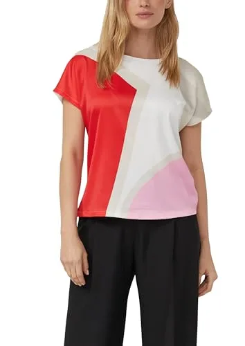 s.Oliver BLACK LABEL Damen T-Shirt Regular Fit Rot - Stylisches T-Shirt von s.Oliver BLACK LABEL in Rot mit schickem Allover-Muster. Die Regular-Fit-Passform und die Kombination aus Satin und Jersey sorgen für hohen Tragekomfort und Vielseitigkeit – ideal für den Alltag.