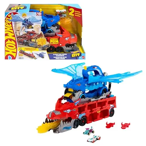 Hot Wheels City Spielzeugauto-Trackset, ultimativer 2-in-1 Drachentransporter und 2 Die-Cast-Autos, großer Drache und Abnehmbarer Drache, mit Platz für mehr als 20 Fahrzeuge, JKJ79