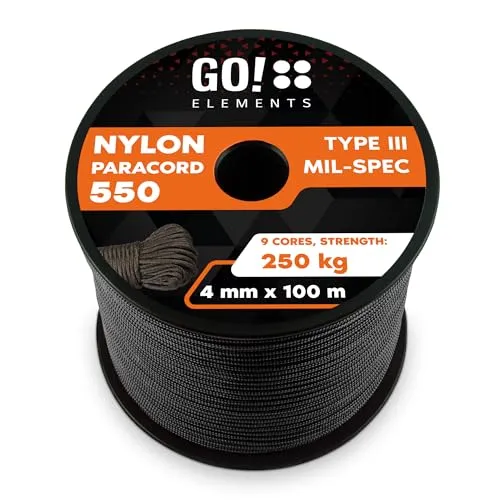 GO!elements 100m Paracord Seil - Reißfeste Nylonschnur für Outdoor & Handwerk - Reepschnüre - Hochwertige, witterungsbeständige Paracord Schnur mit 250kg Tragkraft, ideal für vielseitige Anwendungen im Innen- und Außenbereich.
