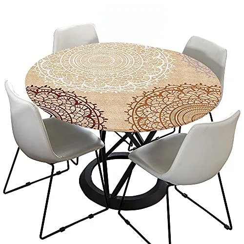 Morbuy Tischdecke Outdoor Rund 90 cm, Elastisch Rund Abwaschbar Tischdecken Wasserabweisend Lotuseffekt Garten Tischdecke Beige Mandala Table Cloth, Ideal für 70cm-80cm