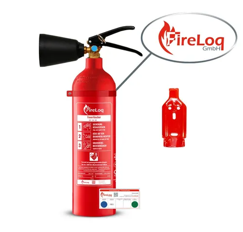 FireLoq 2kg Co2 Kohlendioxid im Stahl Behälter Dauerdruck Feuerlöscher für elektrische Anlagen und EDV 34B 2 LE Dauerdruck inkl. Prüfnachweis/Wandhalter