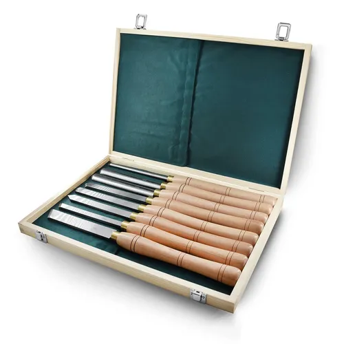 BAMATO HSS-Drechseleisen Set 8-teilig - Hochwertiges 8-teiliges HSS-Drechseleisen Set mit ergonomischem Hartholzgriff, ideal für präzises Drechseln. Lieferumfang in praktischer Holzbox.