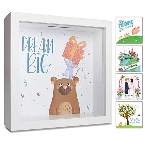 GLÜCKSWOLKE - Spardose Kinder I Motiv Dream Big I Money Box Kids I Piggy Bank for Girl Boy I Photo Frame I 3D Picture Box I Moneybox I Gifts for Cash to Birthday, Baby Shower, Christmas or Christening