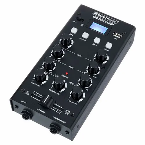 Omnitronic GNOME 202P Black B-Stock - Kompakter 2-Kanal DJ Mixer - Mixer; Leichter und extrem kompakter DJ Mixer mit Bluetooth und MP3-Player, ideal für mobile DJs und kleine Events.