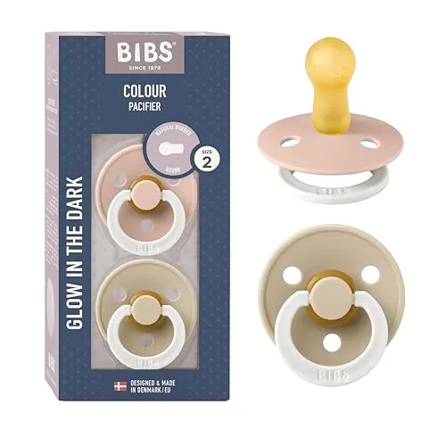 BIBS Colour Glow Schnuller 2er-Pack, BPA-frei. Leuchtet im Dunkeln, Kirschform Nippel. Naturkautschuk/Latex, Hergestellt in Dänemark. Größe 2 | 6+ Monate | 2-Pack, Blush NIGHT/Vanilla NIGHT