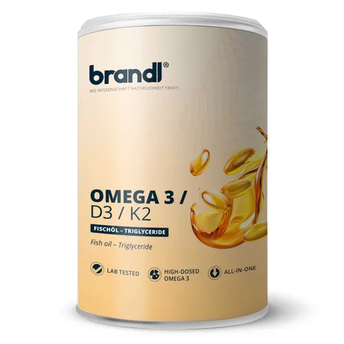 Brandl Omega3 D3 K2 120 Kapseln - Omega-3 Öl mit 750 mg hochdosiertem Omega 3 pro Portion, ergänzt mit Vitamin D3 und K2 für optimale Gesundheit. Unabhängig laborgeprüft und in Deutschland abgefüllt.