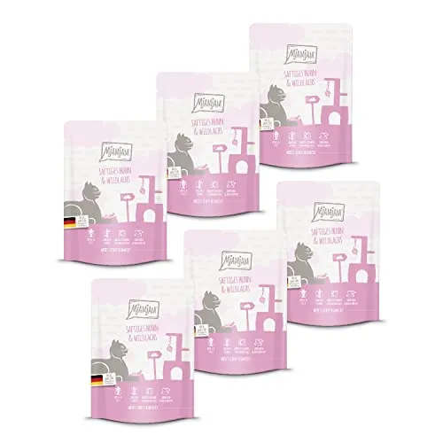 MjAMjAM - Premium Nassfutter für Katzen - Quetschie - saftiges Huhn und Wildlachs, 6er Pack (6 x 300 g), getreidefrei mit extra viel Fleisch