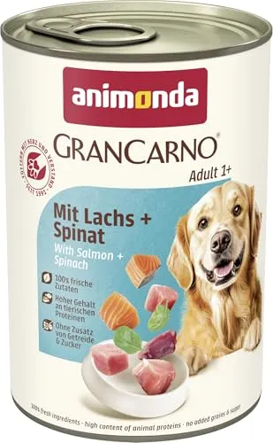 animonda GranCarno Hunde Nassfutter mit Lachs + Spinat (6 x 400 g), getreidefreies Hundenassfutter ohne Zucker, für ausgewachsene Hunde, mit frischen fleischigen Zutaten