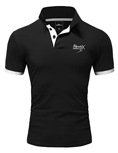 REPUBLIX Herren Poloshirt Basic Kontrast Stickerei Kragen Kurzarm Polohemd T-Shirt R-0056 Schwarz/Weiß XXL
