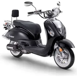 Motorroller LUXXON "Cruiser" in Schwarz – Retro-Design, 45 km/h - Motorroller, auffälliges Retro-Design mit Weißwandreifen und großem Butterfly-Lenker, ideal für stilvolle Fahrten in der Stadt.