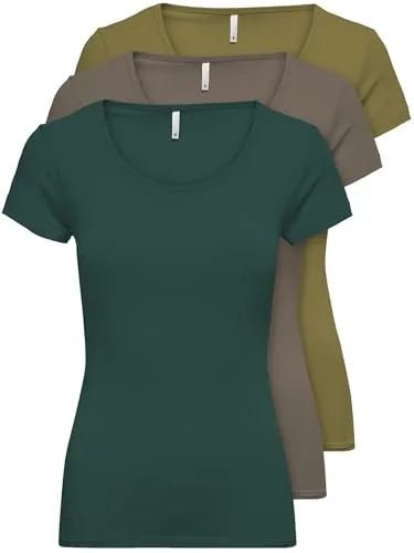 ONLY 3er Pack Damen T-Shirt 15209153 Farb Mix 10-XS - Klassisches Rundhals-T-Shirt im Slim Fit von ONLY. Weicher Baumwoll-Elastan-Mix für hohen Tragekomfort. Vielseitig kombinierbar für jeden Anlass – ideal als Basic oder schick unter Blusen.