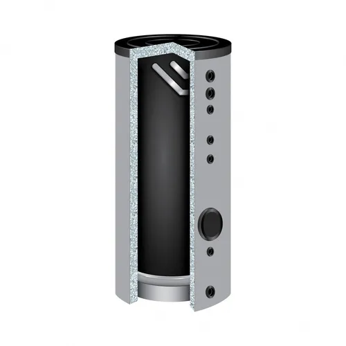 Liter Edelstahlspeicher EP-150 - Kompakter Pufferspeicher - Kompakter Pufferspeicher aus Edelstahl mit analoger Anzeige. Ideal für Innenräume, korrosionsbeständig und energieeffizient. Perfekt für die zuverlässige Warmwasserversorgung.