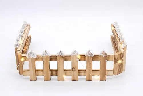 Spetebo Holz Dekozaun mit 15 LED in warm weiß - 90 x 10 cm - Mini Gartenzaun mit Kunstschnee - Tischdeko Winter Gatter Weihnachtsdeko beleuchtet Batterie betrieben mit Timer