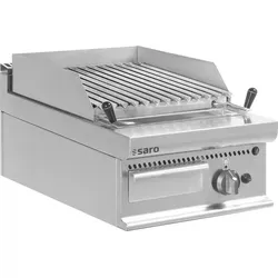 SARO Gas-Lavasteingrill Tischmodell E7/BS1BB - Holzkohlegrill aus Edelstahl mit herausnehmbarem Fettauffangbehälter und Lieferung inklusive Lavasteinen für einzigartigen BBQ-Geschmack. Ideal für Gastronomie und Outdoor-Cooking.
