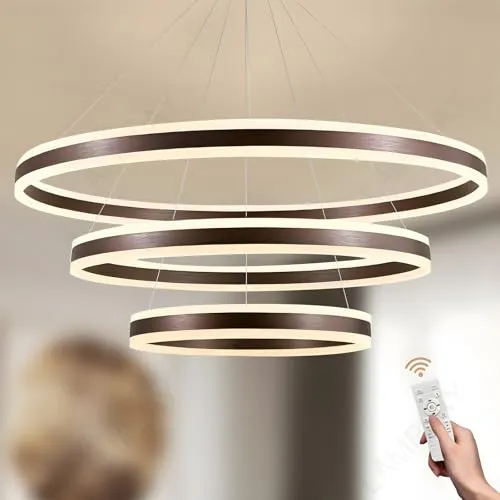 LAMPLAY Runde Moderne LED-Pendelleuchte, 3 Braun Ring-Kronleuchter, Dimmbar Mit Fernbedienung 3000K-6000K Deckenleuchte, Höhenverstellbar, Foyer, Wohnzimmer, Schlafzimmer, Esszimmer(Ø60+80+100cm)