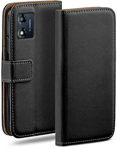 moex Book Case für Motorola Moto E13 Handyhülle mit Kartenfach, Hülle klappbar 360 Grad Schutzhülle, Klapphülle Flip Case Cover, PU Leder Handytasche Lederhülle, Schwarz