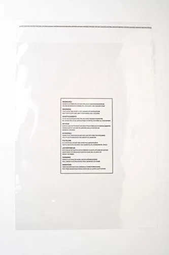 Tüten für Textilien 460 x 610 mm + Klappe mit Selbstklebeverschluß. Warnhinweise wg. Erstickungsgefahr und Entlüftungslochung. Hochtransparent für Laden und Versandhandel 100