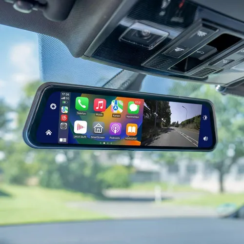 AMPIRE CPS090 Smartphone TFT Spiegelmonitor 9" mit AHD Dual-Dashcam - Dashcams mit 9" Touchscreen für einfache Bedienung, ideal für Sicherheit beim Fahren und Überwachung.