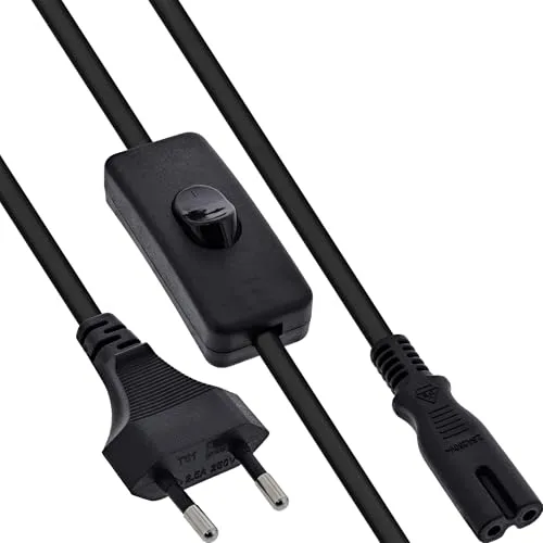 Inline Euro Netzkabel mit Schalter, Netzstecker CEE 7/16 zu IEC-C7, 2-polig, Stromkabel für AV-Geräte, schwarz, 0,5m, 16150