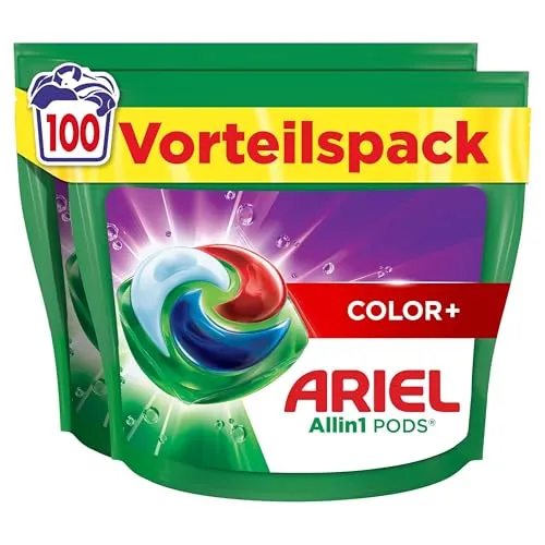 Ariel Waschmittel Pods All-in-1, 100 Waschladungen - Waschmittel für kraftvolle Fleckentfernung ab der 1. Wäsche, löst sich schnell in kaltem Wasser auf und bietet langanhaltenden frischen Duft.