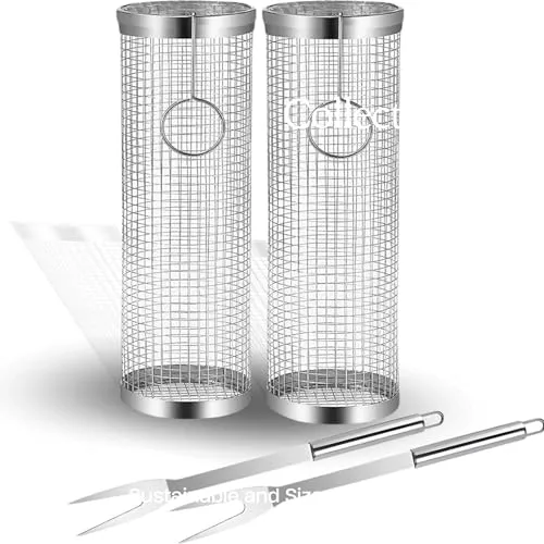 AVOID Rollender Grillkorb Edelstahl – BBQ Grillkorb Set rund & zylindrisch – Grillzubehör für Fleisch Fisch Gemüse – Spülmaschinengeeignetes Grillkorb Geschenke für Männer (Silber, 30cm×10cm)