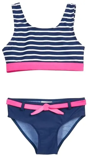 Playshoes Mädchen Zweiteiler Bikini, Marine Ringel, 158/164 cm - Stylischer Bikini aus recyceltem Polyester, ideal für sonnige Tage. Mit breiten Trägern und schnelltrocknendem Material für höchsten Tragekomfort. Pflegeleicht bei 30°C waschbar.