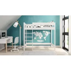 Hochbett Hugo 160x80 mit Rausfallschutz aus Massivholz - Weiß - Kuscheliges Hochbett für Kinder, ideal als Spiel- und Schlafplatz. Mit stabilem Rausfallschutz und Lattenrost, getestet für Sicherheit und Tragfähigkeit bis 150 kg.