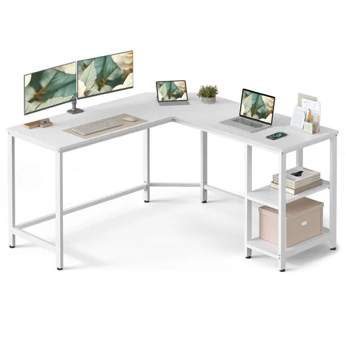 VASAGLE L-förmiger Schreibtisch, 138 x 50 cm, Weiß - Schreibtisch mit 2 Ablagen für optimalen Stauraum, ideal für Home Office und kleine Räume. Stilvolles Design aus Holzspanplatte und Stahl.