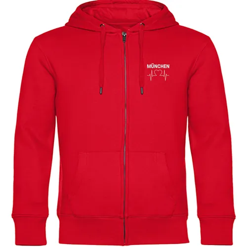 multifanshop Kapuzen Sweatshirt Jacke - München rot - Herzschlag Druck - Hochwertige Kapuzen Sweatshirt Jacke in München rot. Ideal als Geschenk oder für sich selbst. Die kuschelige Oberfläche sorgt für höchsten Tragekomfort und macht sie zum perfekten Begleiter für jeden Fan! Perfekt für Freizeit und Sport.