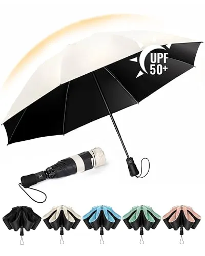 Chakipee Kompakter Reise Regenschirm Groß Sturmfest – Automatik Taschenschirm Tragbarer UV-Schirm für Damen und Herren, 210T Beschichtung 106 cm Spannweite 8 Rippen Taschenschirme Beige