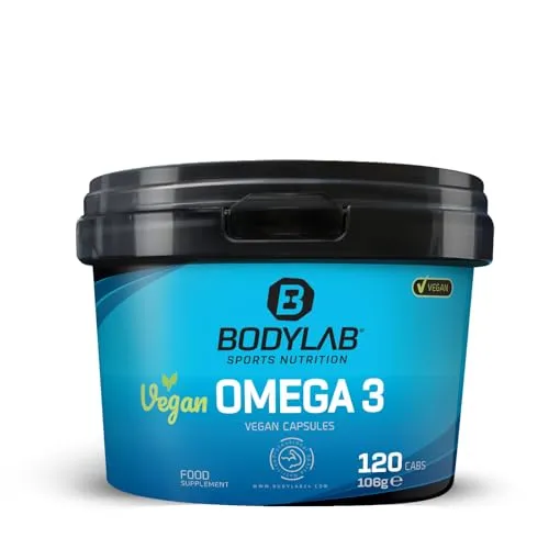 Bodylab24 Vegan Omega-3 Kapseln 120 Stück - Omega-3 Öl, 100% vegan und aus hochwertigem Algenöl mit 110mg EPA und 220mg DHA pro Kapsel, ideal für eine gesunde Ernährung ohne künstliche Zusatzstoffe.