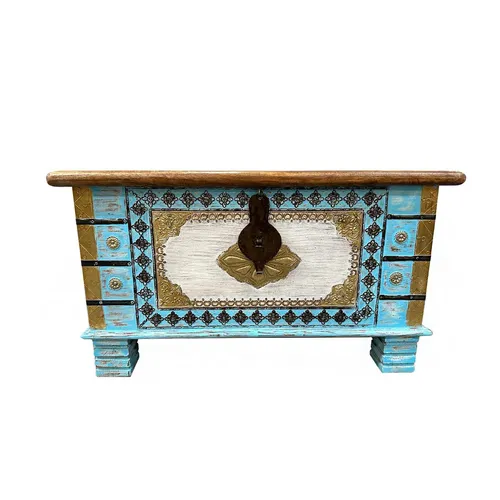 Shabby Chic Holztruhe - Handgefertigte Schatztruhe aus Indien, 80 cm - Truhen & Kisten, aus hochwertigem Mangoholz, handgefertigt mit verziertem Design - ein einzigartiges Deko-Highlight für Ihr Zuhause.