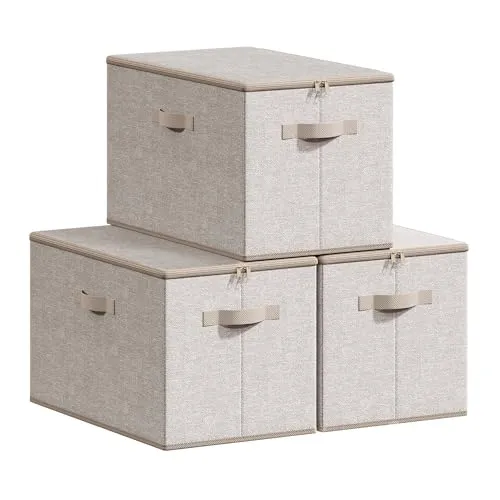 SONGMICS Aufbewahrungsbox mit Deckel, faltbare Stoffbox mit Griffen, Aufbewahrung für Kleidung, Vliesstoff, 3er Set, 50 x 30 x 30 cm, sandbeige RZB050LZ04