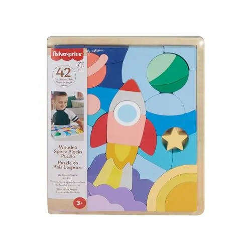 Fisher-Price Spielzeug für Kindergartenkinder Weltraum-Puzzle aus Holz mit Stapelblöcken, 42 Holzteile für ein spielerisches Sortieren ab 3 Jahren, HXY42