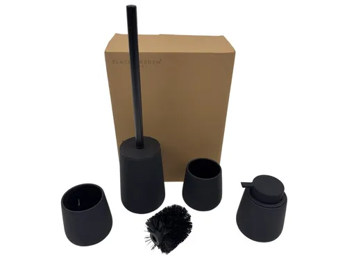 blackswedenhome. Badezimmer Set Schwarz - Elegantes Keramik Set mit Seifenspender und Zahnputzbechern - Stilvolles Badezimmer Set von Black Sweden Home im modernen Nordic Design; umfasst Seifenspender, Zahnputzbecher und Toilettenbürste aus robuster Keramik mit angenehmer Soft Touch Oberfläche für ein komfortables Nutzungserlebnis.
