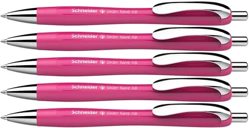 Schneider 132509 Slider Rave XB Kugelschreiber (Weiches Schreiben ohne Kratzen für lange Texte in Schule, Uni und Beruf) 5 Stück, Kräftiges Pink, Tinte: Blau