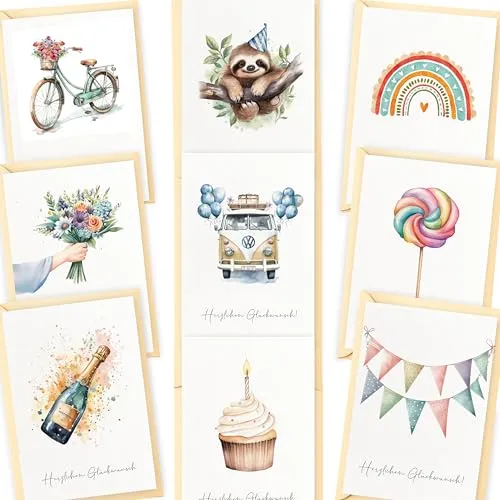 LOViLEE 10x Geburtstagskarten Set mit Umschlag & Stickern - Glückwunschkarten Geburtstag, Happy Birthday Karte - Postkarten - Geburtstagskarte Frau, Geburtstagskarten Mann, Geburtstagskarte Kinder