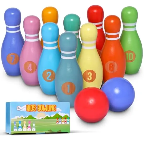 Pink Papaya Kids Bowling Classic - Familien- und Kinderspiel aus 100 % Massivholz, ideal zur Förderung von Motorik und Koordination für Kinder ab 3 Jahren, für drinnen und draußen geeignet.