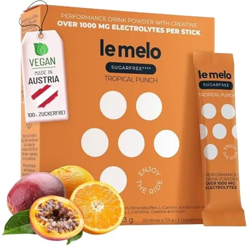 le melo® Elektrolytgetränk | 1.000+ mg Elektrolyte, Vitamine & Mineralstoffe | Optimiert Wasseraufnahme | Für Sport & Alltag & Erholung | Mit Kreatin | SUGARFREE ORANGE_MARACUJA 20er Pack
