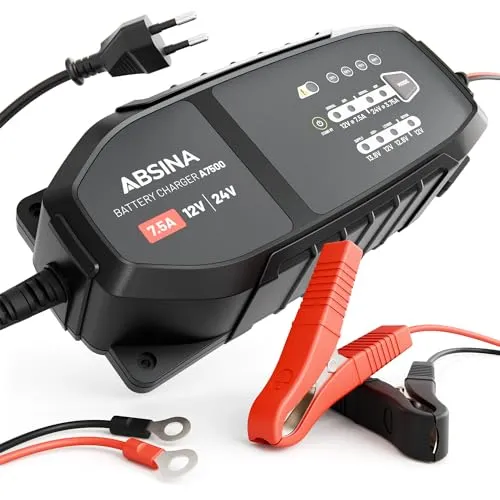 Absina Autobatterie-Ladegerät A7500, 12 V / 24 V, 7,5 A - Batterieladegerät für Blei-Säure- und Lithium-Batterien, mit 10-stufigem Ladevorgang und Rettungsfunktion für tiefenentladene Batterien. Schutzklasse IP65 für den Einsatz unter schwierigen Bedingungen.