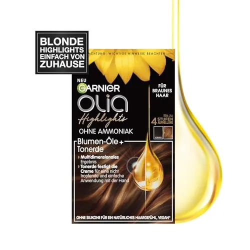 Garnier Haarfarbe Set für Strähnchen und Highlights in braunem Haar, Mit Blüten-Ölen und Tonerde, Ohne Ammoniak und Silikone, Bis zu 4 Stufen Aufhellung, Olia, Braun