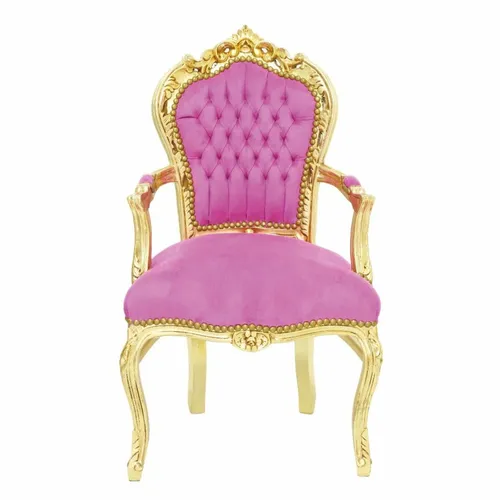 Casa Padrino Barock Samt Esszimmer Stuhl mit Armlehnen Rosa / Gold - Eleganter Esszimmerstuhl im Barockstil, gepolstert mit hochwertigem Samt. Ideal für stilvolle Essbereiche, mit stabiler Bauweise und luxuriösem Design.