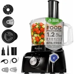 TurboTronic FP800 Küchenmaschine 800 W - Multifunktionaler Food Processor mit 1,2 L Behälter - Vielseitige Küchenmaschine mit 800 W Leistung und 10 Funktionen: Mixen, Hacken, Raspeln und mehr. BPA-freier 1,2-Liter-Behälter, ideal für kleine bis mittlere Portionen. Spülmaschinengeeignetes Zubehör für einfache Reinigung.