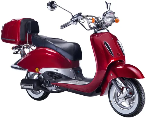 Motorroller Strada 125 ccm mit Top Case – Retro-Style in Rot - Erlebe den Strada, deinen stylischen Retro-Roller mit modernster Technik. Ideal für den Alltag, bietet er viel Stauraum im Top Case und ein komfortables Fahrgefühl. Perfekt für kurze Strecken und Ausflüge!