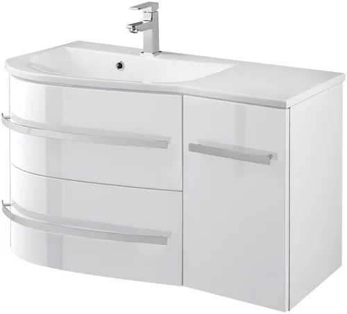 Waschtisch WELLTIME "OSLO", 90cm - Hochglanz Weiß - Waschbecken mit geschwungener Form und praktischer Ablagefläche, ideal für moderne Badezimmer. Mit Soft-Close-Funktion und hochwertigem Keramikwaschbecken.
