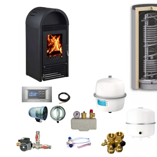 Wassergeführter Kaminofen Marbella Schwarz | 12 kW Komplettset - Kaminöfen mit Hygienespeicher und umfangreichem Zubehör für effiziente Wärme und höchsten Komfort.